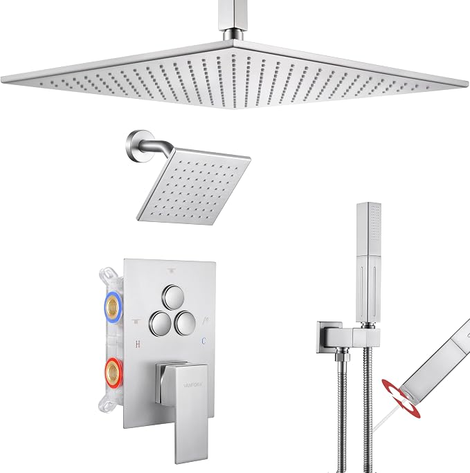 VANFOXLE Shower Faucet Set Brushed Nickel Shower System, Push Button Diverter Shower Faucet with Trim Kit, Ceiling Mount 16 Inch Shower Head Increased Thick, 6 Inch Side Shower Head, 2-in-1 Handheld