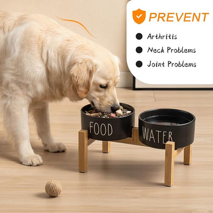 Elevated Ceramic Dog Bowls Set - Food & Water Lettering Raised Dog Bowl with Non-Slip Bamboo Stand for Small and Medium Dogs, Weighted Dogs Dishes Pet Bowls (6 inch, 2 * 30oz, Black)