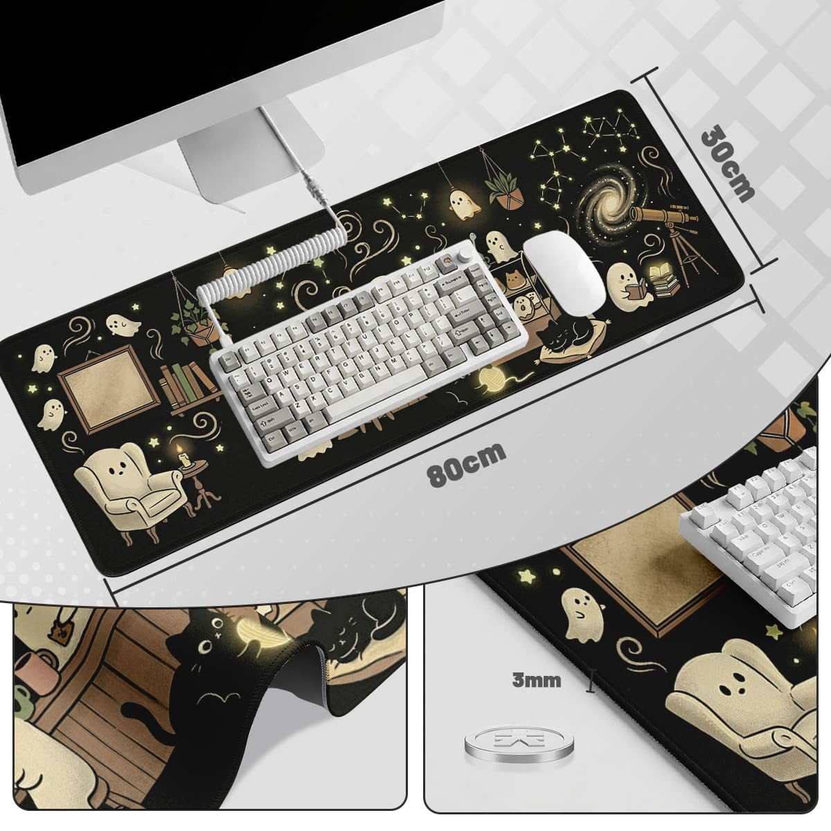 Cute Ghost Desk Pad Mouse Pad Halloween Cozy Spooky Black Cat Extended Gaming Mouse Pad Mat with Stitched Edge Non-Slip Base Big Mousepad 31.5 x 11.8 Inch