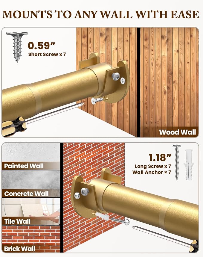 Heavy Duty Closet Rod, 17-39 IN Closet Rods for Hanging Clothes, Gold | Stepless Adjustable, Supports up to 66 lbs, Multiple Size Options, Easy Installation, Multi Purpose , Wall-Mounted