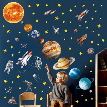 DECOWALL DS12-8077 Solar System Wall Stickers for Kids Room Décor Space Wall Decals for Bedroom Educational Removable Art Murals Decorations Living Ceiling Galaxy Planets Boys Stars