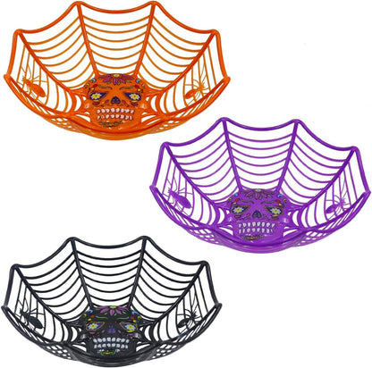 Triumpeek Halloween Party Supplies - Set of 3 Plastic Trick or Treat Bowls with Spider Web Design for Day of The Dead in Orange, Purple and Black