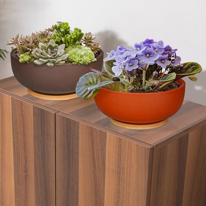 SQOWL 10 Inch Large Terracotta Planter Pot,Clay Succulent Bonsai Planter with Drainage Hole and Bamboo Saucer for Indoor Plants