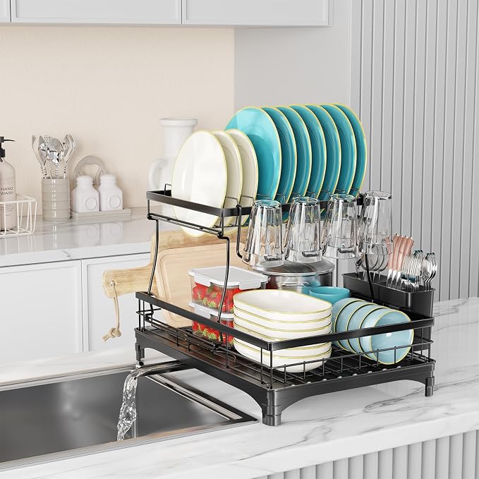 Simple Trending Dish Rack, Stainless Steel Dish Drying Rack for Kitchen Counter, Large Capacity 2-Tier Dish Drainer Organizer with Utensil Holder, Black