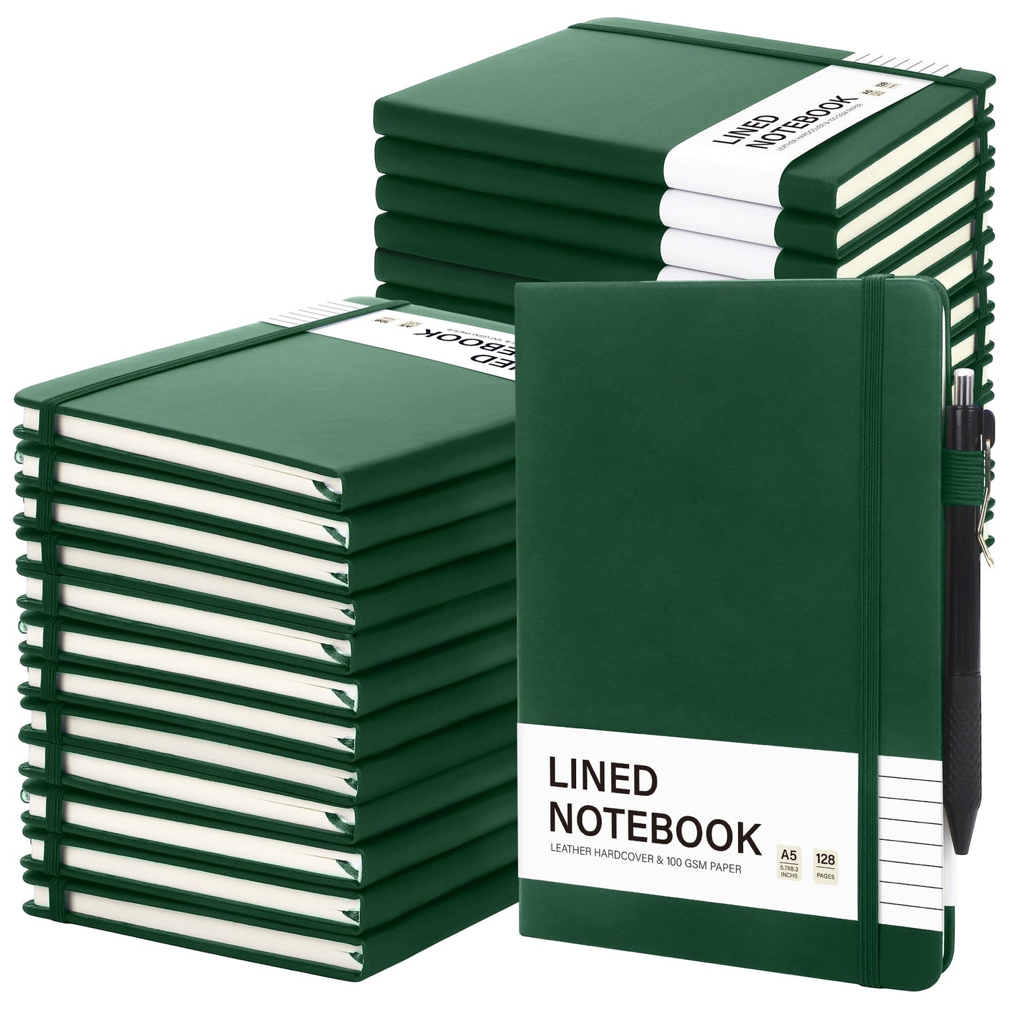 Aodaer 30 Set Lined Notebook Journals with Pens A5 Notebooks 100 GSM College Ruled Hardcover Notebook PU Leather Notepad with Pen Holder for Office School, 5.7 x 8.3 Inches, Dark Green
