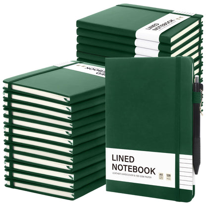 Aodaer 30 Set Lined Notebook Journals with Pens A5 Notebooks 100 GSM College Ruled Hardcover Notebook PU Leather Notepad with Pen Holder for Office School, 5.7 x 8.3 Inches, Dark Green