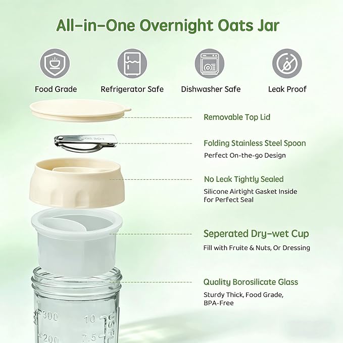 Overnight Oats Containers with Lids and Spoon 2 Pack, 16oz Leakproof Glass Oat Over night Jar with Seperate Compartment for Fruit & Nuts, Mason Jars for Oatmeal Yogurt Chia Seed Pudding Meal Prep