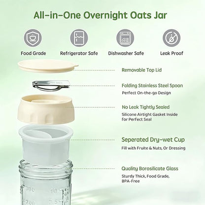 Overnight Oats Containers with Lids and Spoon 2 Pack, 16oz Leakproof Glass Oat Over night Jar with Seperate Compartment for Fruit & Nuts, Mason Jars for Oatmeal Yogurt Chia Seed Pudding Meal Prep