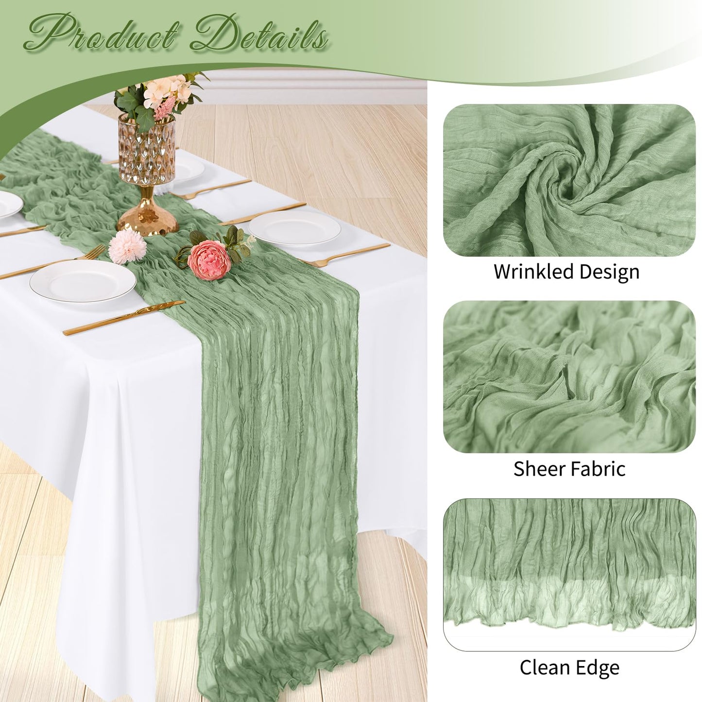ACSUIT 3 Pack Sage Green Cheesecloth Table Runner, 17 x 108 inch, Semi Sheer Boho Cheese Cloth Fabric Table Runner Bulk for Wedding, Birthday, Party, Holiday, Home Decor (Sage Green)