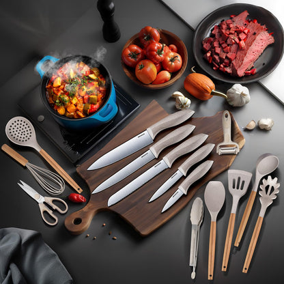 RAXCO Kitchen Utensils Set,18-Piece Cooking Tools and Sharp Knives,Stainless Steel Holder and Cutting Board