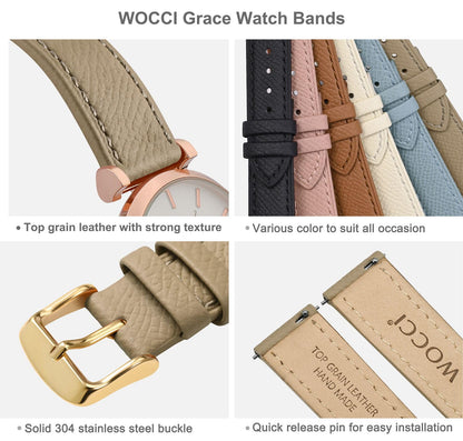 WOCCI 14mm Grace Watch Band for Ladies, Top Grain Leather, Quick Release Replacement Strap with Gold Buckle (Tea)