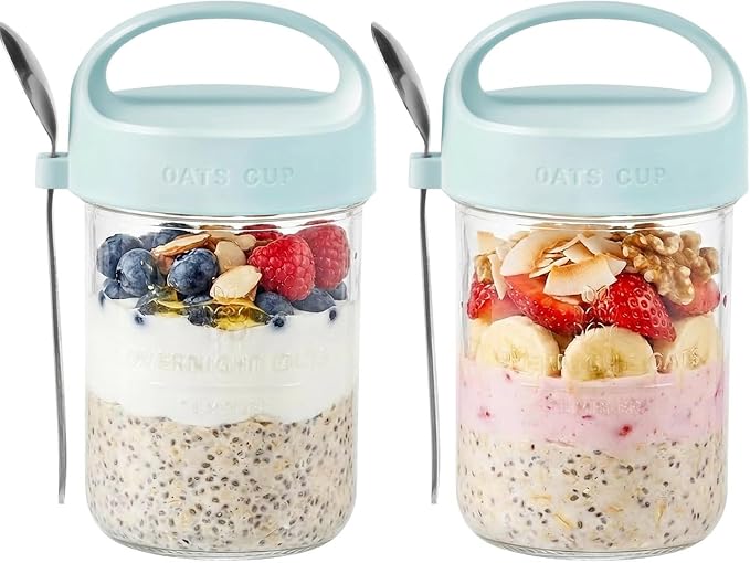 2Pack Overnight Oats Containers with Lids and Handle,14 oz Airtight Oatmeal Container,Mason Jars with Lid for Cereal,Milk,Fruit,Yogurt,On The Go Container,Salad Jars,Glass Jars (Blue)