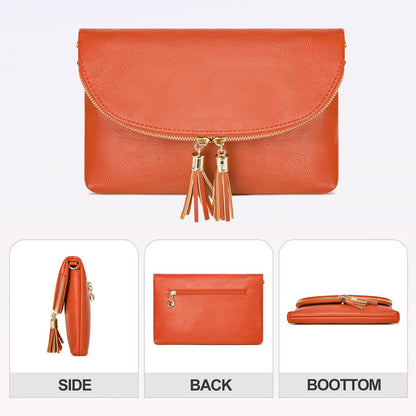 Solene Womens Envelop Clutch Purse Multi Compartments, 6 Card Slot Inside, Crossbody Bag With Tassels (WU075-Burnt Orange)