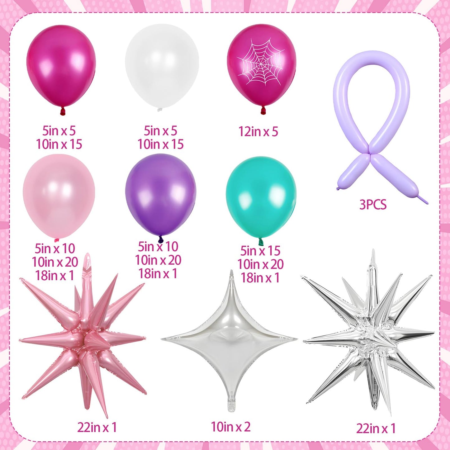 162PCS Spider Theme Balloon Arch Kit Pink Purple Teal Spider Web Balloons with Star Foil Balloons for Web Hero Girl Birthday Decorations