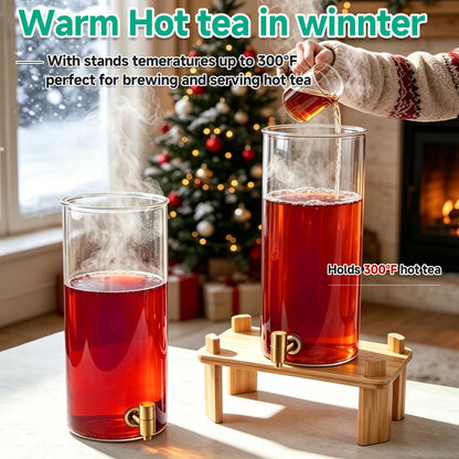 2 Gallon 2 PCS (4 gallon) Beverage Dispenser With Bamboo Wood Stand,Large Glass Drink Dispenser for Parties,Large Water Dispensers with Spigot,Juice Containers & Water Pitcher,Lemonade Dispenser