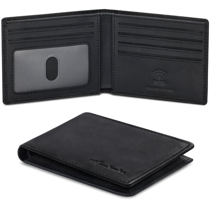 Travelambo Wallet for Men Real Leather Mens Bifold Wallet RFID Blocking - Thin & Stylish with ID Window in Gift Box (Crazy Horse, Black)