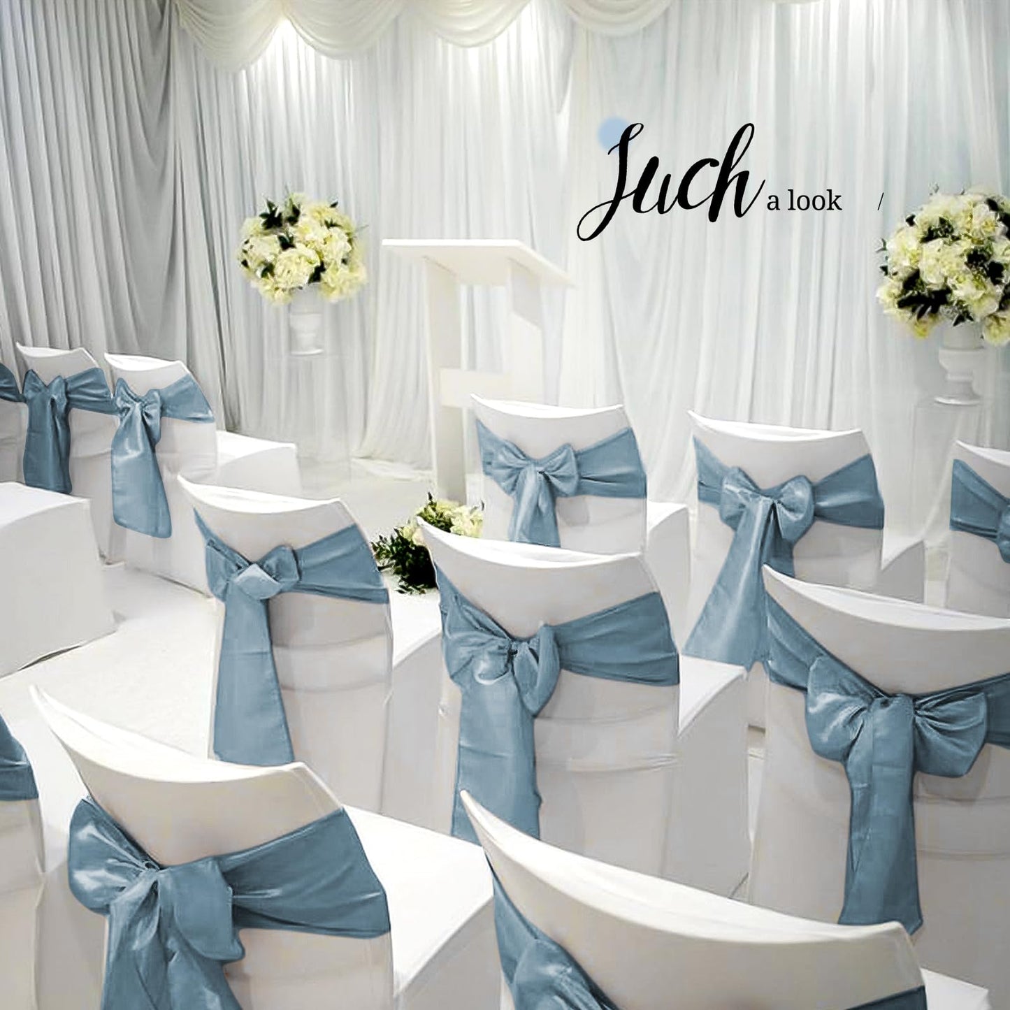 Pesonlook 50Pcs Satin Chair Sashes Ties, Dusty Blue Satin Chair Sashes Bows Chair Cover Back Tie Supplies for Wedding Reception Events Banquets Party, Hotel Event, Chairs Decoration