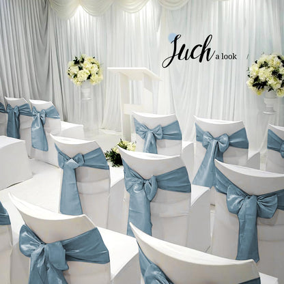 Pesonlook 50Pcs Satin Chair Sashes Ties, Dusty Blue Satin Chair Sashes Bows Chair Cover Back Tie Supplies for Wedding Reception Events Banquets Party, Hotel Event, Chairs Decoration