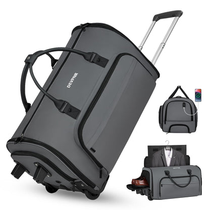 DEVPNR Rolling Garment Bags for Travel, 59L Rolling Duffle Bag with Wheels and Shoe Compartment for Men and Women, 3 in 1 Carry on Convertible Travel Garment Bag with Wheels, Gray