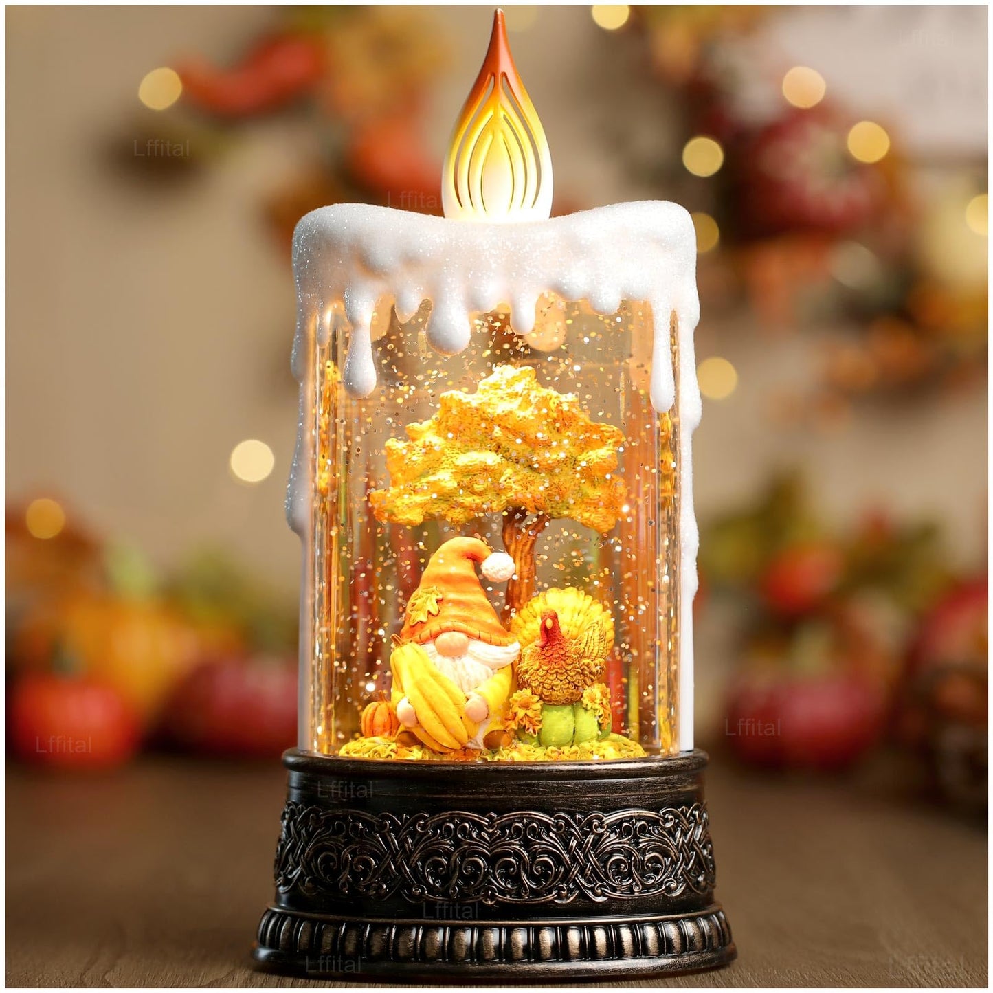 Lffital Fall Snow Globe Lantern Fall Decor Candle Shape with Gnome and Turkey, Lighted Thanksgiving Decorations with Timer Swirling Glitter for Tabletop Autumn Festival Harvest Day