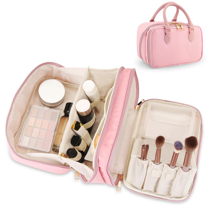 Travel Makeup Bag for Women Fashion Large Capacity Pouch Open Flat Cosmetic Portable Organizer Waterproof Large Opening Storage Toiletry Bags Vertical Free-Standing Brush Holder for Easy Access Pink