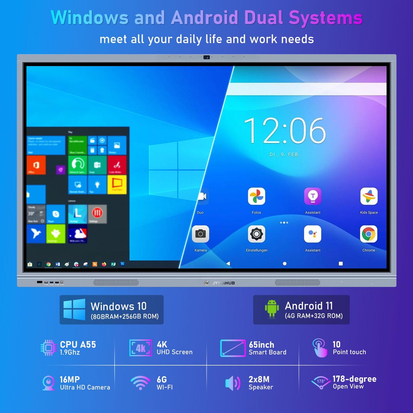 65 Inch Smart Board, 4K Electronic Whiteboard, Built in Dual System and 20MP Camera Digital White Board for Classroom and Business, Interactive Whiteboard with Video Conference System (Board Only)
