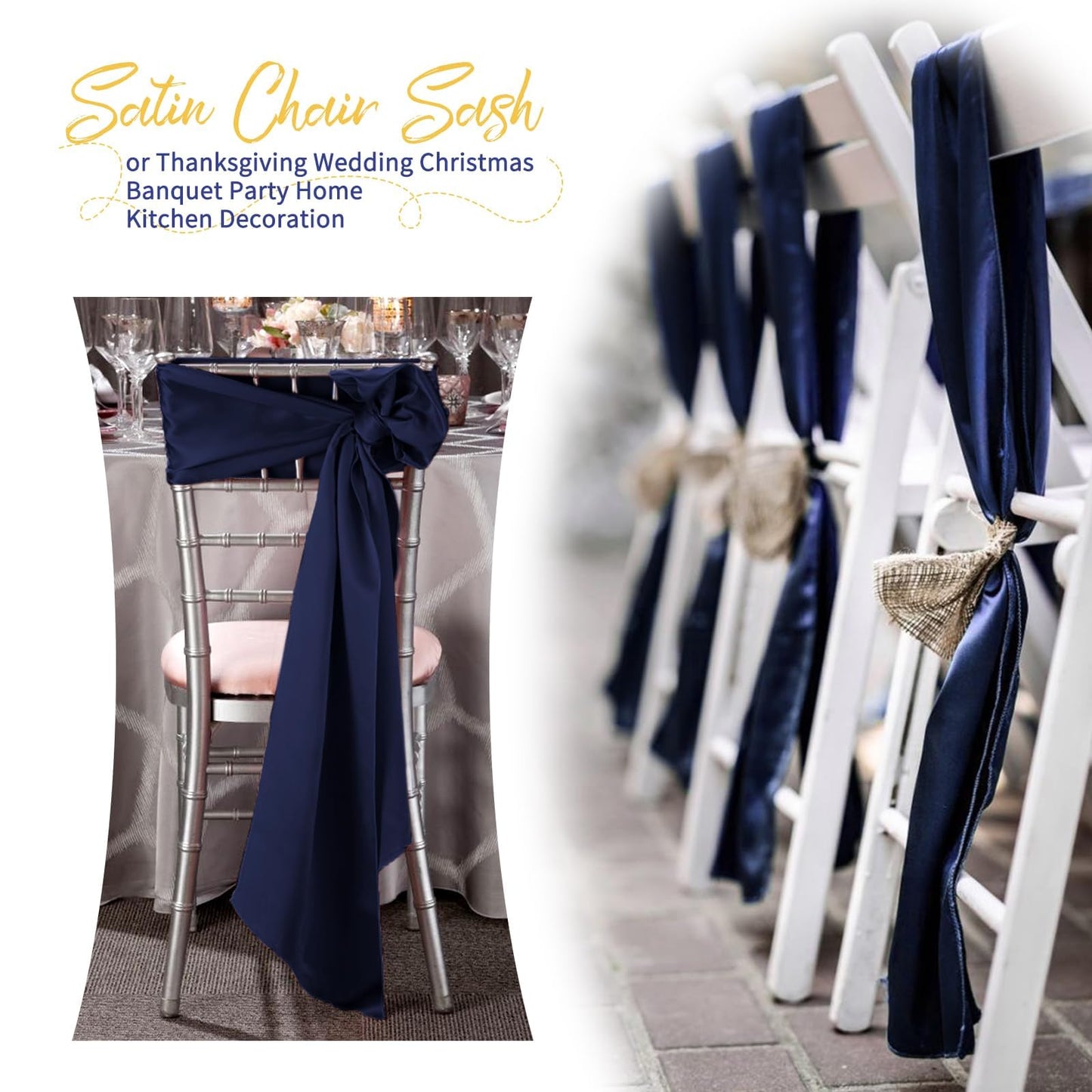 REWOMC 120 PCS Navy Blue Satin Chair Sashes, Ties Bows Designed Chairs Decorative, Chair Cover Sashes for Thanksgiving Wedding Christmas Banquet Party Home Kitchen Decoration (7 x 108 inch)