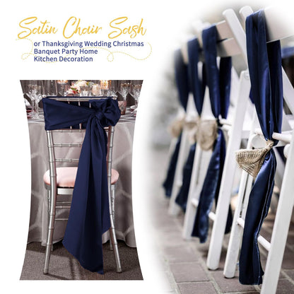 REWOMC 120 PCS Navy Blue Satin Chair Sashes, Ties Bows Designed Chairs Decorative, Chair Cover Sashes for Thanksgiving Wedding Christmas Banquet Party Home Kitchen Decoration (7 x 108 inch)