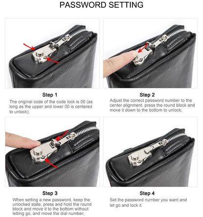 Top Grain Genuine Leather Handbag Wallet for Man & Woman, Handmade Retro Design, Combination Lock & Retractable Hand Strap & Multi Pockets/Slots, Portable RFID for Cards/Checks/Phone/Banknote, Black