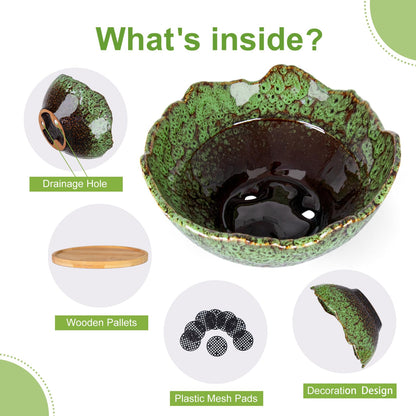 ARTKETTY Bonsai Pots, 9.06 Inch Succulent Pots with Drainage and Saucer, Ceramic Pots for Indoor Cactus Plants Unique Flower Plant Pots Round Bonsai Tree Planters Windowsill Desk Decor