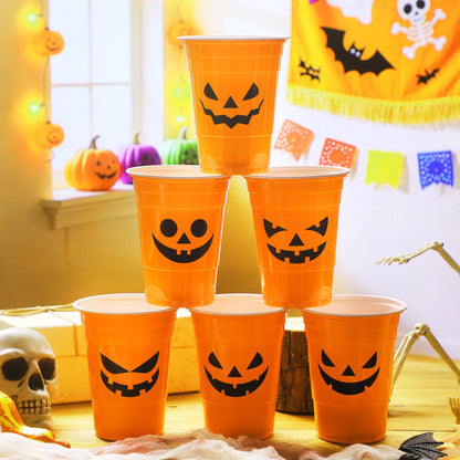 Potchen Halloween Party Disposable Cups Plastic 16oz Ghost Skeleton Drinking Cups Pumpkin Blood Halloween Decoration for Cold Beverage Birthday Horror Theme Goth Party Favors(30 Pcs,Pumpkin)