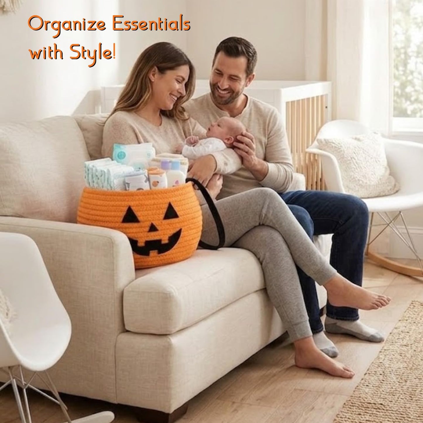 Pumpkin Storage Basket | Woven Cotton Rope Bin | Cute Halloween Candy Bowl, Trick or Treat Bag, Boo Gift, Stuffer Filler | Multipurpose Home Organizer & Gift Basket with Handles | Decorative Container