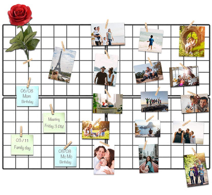 Kakivan Wire Wall Grid Panel for Photo Display, DIY Iron Picture Frames Collage For Hanging Wall Decor, Foldable Multi Pictures Organizer with 12 Clips, 28'' X 22'' Inch.(2 Pack)