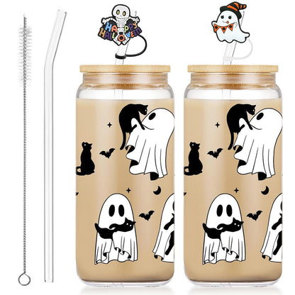 Halloween Glass Cups– 18oz Halloween Cups with Lid & Straw & Straw Covers, Ghost Tumbler Boo Basket Ghost Mug Iced Coffee Cup Decor Indoor
