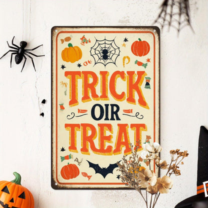 Trick or Treat Halloween Pumpkin Spider Web Candy Retro Metal Tin Sign Wall Art Decor for Front Door Home Halloween Party Indoor Outdoor 8x12 Inch