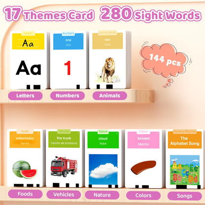 HOMESTEC Toddlers Bilingual Spanish & English Talking Flash Cards with 288 Sight Words, Speech Therapy Toys for 1 2 3 4 5 6 Years Old Boys and Girls, Learning Educational Kids Gifts (Pink)
