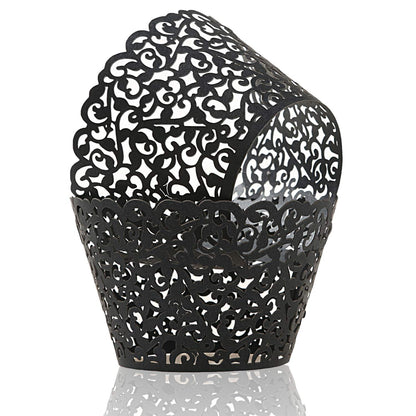 KPOSIYA Pack of 120 Cupcake Wrappers Artistic Bake Cake Paper Cups Vine Designed Laser Cut Cupcake Wraps Baking Cup Muffin Case Trays for Wedding Baby Shower Party Birthday Decoration (120, Black)