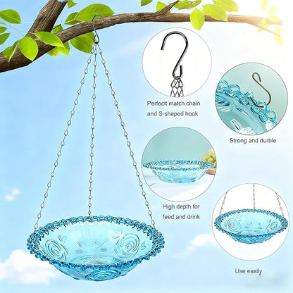 2 Pack Super Value Hanging Plastic Bird Baths and Feeders for Outdoors Bird Water Bowls and Seed Trays Set Attract Wild Birds Garden Yard Decor Gift (Blue)