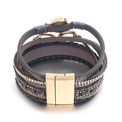 hotoo Leather Wrap Bracelet for Women Gray Beaded Cuff Bracelet with Heart-shape Decor Bohemian Crystal Bracelet Jewelry with Clasp Bangle Bracelet for Women Birthday Holiday Gift