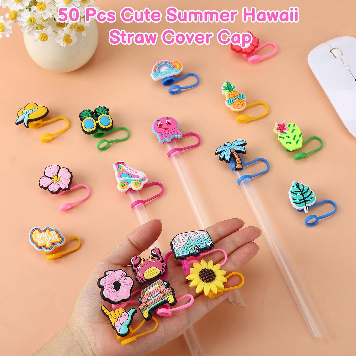 Ovveroche 50 Pcs Hawaii Tropical Summer Silicone Straw Cover Caps Compatible with Stanley Cup Cute Reusable Straw Toppers for Cups 30&40 Oz Tumbler Accessories 10mm