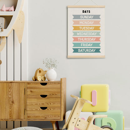 MOTERMATE Days of The Week Wall Art Poster for Kids, Boho Toddler Room Decor, Learning Educational Canvas Poster Hanger Frame for Toddlers Classroom, Kids Playroom Wall Hanging Banner Decor, 12x16Inch