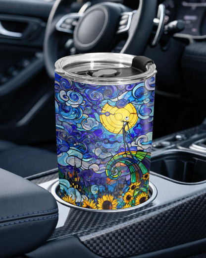 34HD Jack Skeleton Starry Nightmare Painting Tumbler 20oz Stainless Steel Insulated Travel Mug Sunflower Stained Glass Art Coffee Cup Movie Fan Gifts for Men Women Birthday