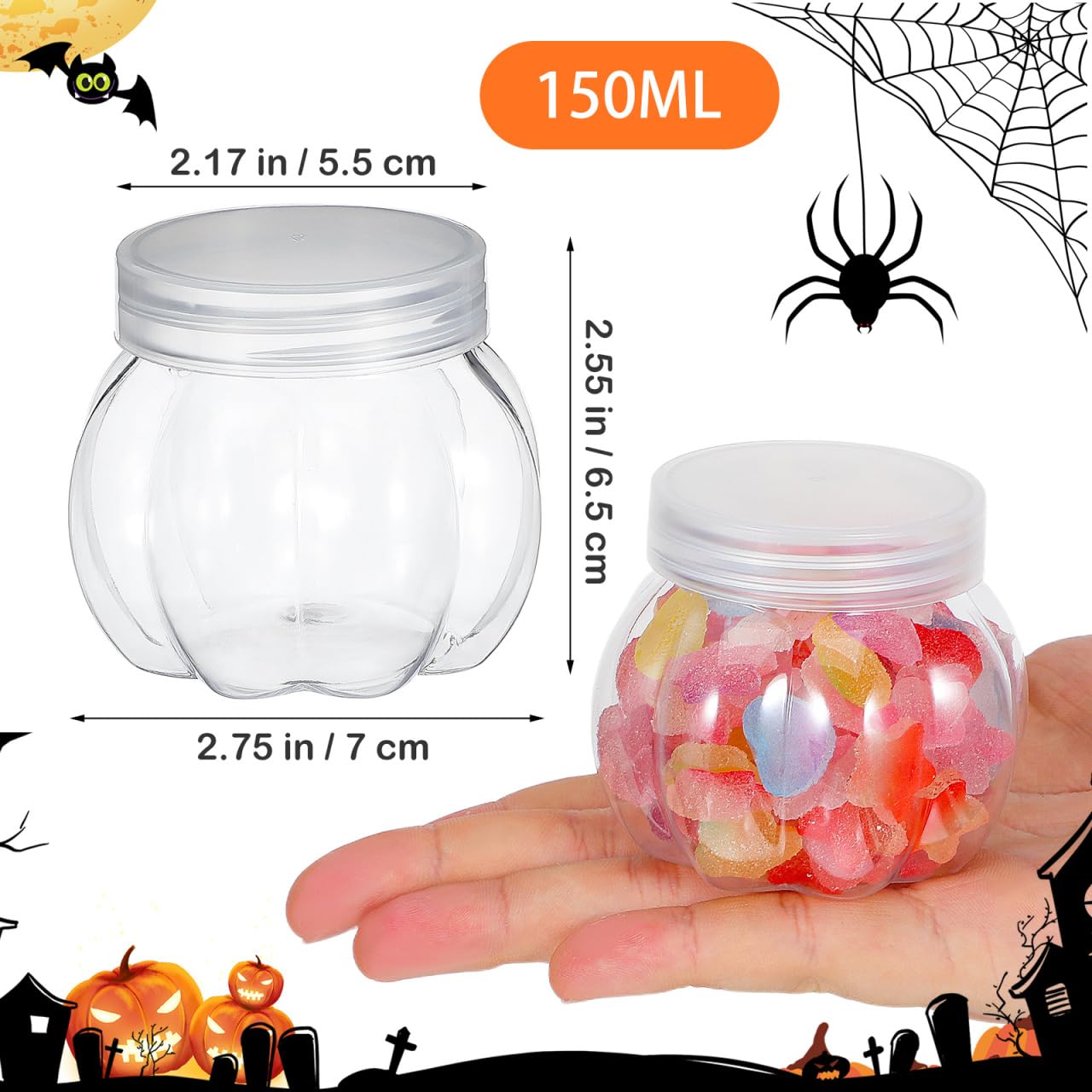 GOOHOCHY Transparent Pumpkin Candy Jar 2.75 Inch Clear Plastic Storage Container for Halloween Party Snacks Wedding Treats and Small Candy Storage