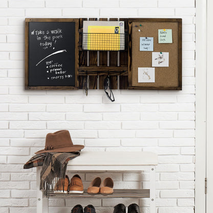 MyGift 3 Panel Wall Mounted Entryway Bulletin Board Combo Set with Rustic Burnt Solid Wood Frame with a Chalkboard, Cork Board, Black Metal Mail Basket, and Hanging Rail
