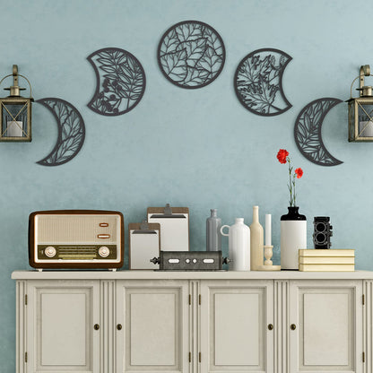 Jetec 5 Pcs Moon Phase Wall Art Decor Wall Pediments Hanging Wooden Phase Spiritual Bedroom Nordic Boho Lunar Aesthetic Art for Living Room Dorm Apartment Ornament(Black,10.6 Inch,Botanical)