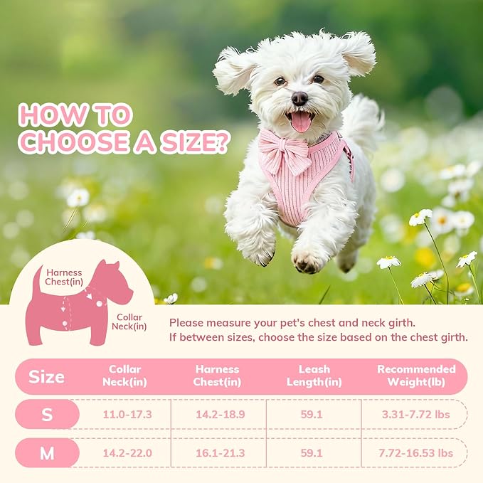 Small Dog Collar Harness and Leash Set, Dog Harness no Pull with Bowtie, Breathable Cotton Adjustable Pet Puppy Harness, Easy Walk Dog Harness, S(14–18.9")