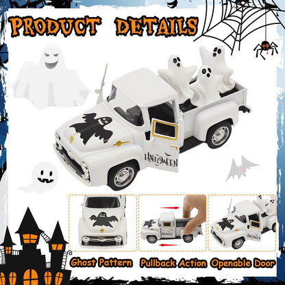 YimiBloss Halloween Decorations - Mini Cute Farmhouse Style Halloween Metal Truck Decor with 3 Removable Mini Ghost Ornaments for Tabletop, Tiered Tray, Shelf, Fireplace and Home Indoor Décor