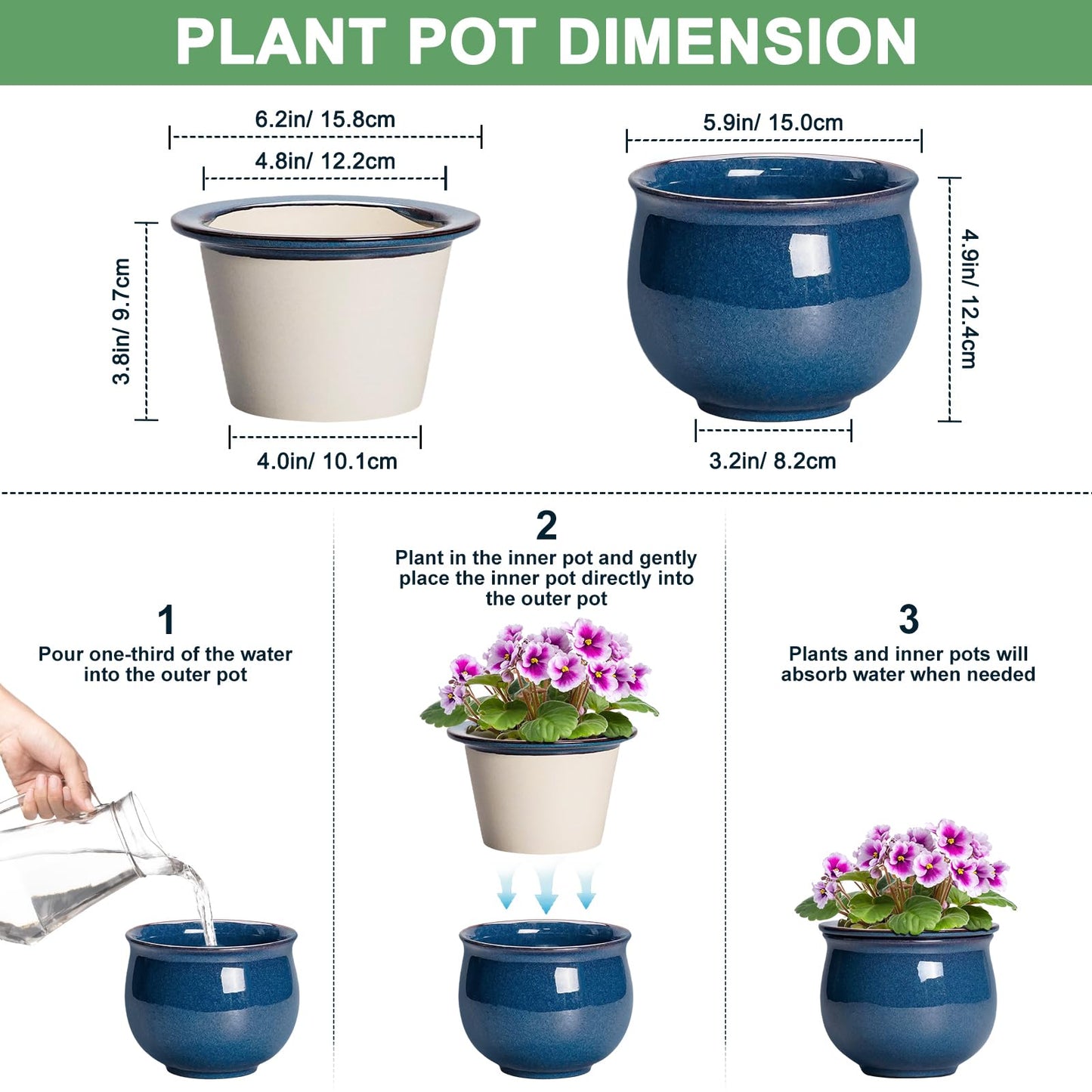Teagas African Violet Pots, 6 Inch Ceramic Easy Self Watering Pots for Indoor Plant, Round Self Watering Planter with Absorbent Inner Pot, Ceramic Flower Pot, Room Decor, Plant Lover Gift, Retro Blue