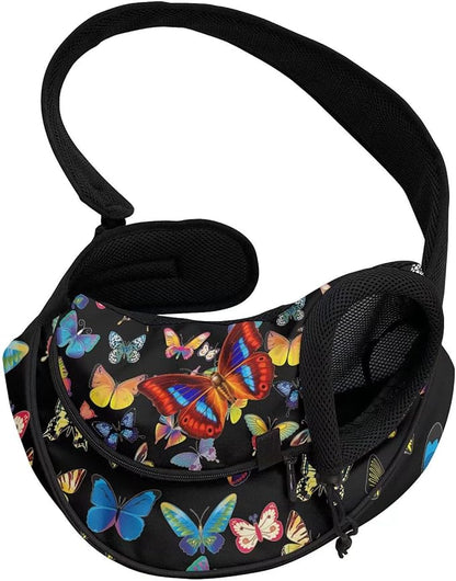 FUSURIRE Colorful Butterfly Print Pet Carrier Sling for Small Dogs Cats Hands Free Pet Puppy Outdoor Travel Carrier Bag Adjustable Strap Padded Shoulder Sling Travel Tote Bag up to 5lb Puppy
