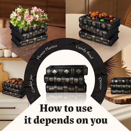 ehuoyan Gothic Book Flower Vase Stacked Black Magic Books Halloween Decorations Indoor Gothic Decor Flower Pot Candy Bowl Snack Storage Box Dark Academia Bookshelf Decor for Book Lovers